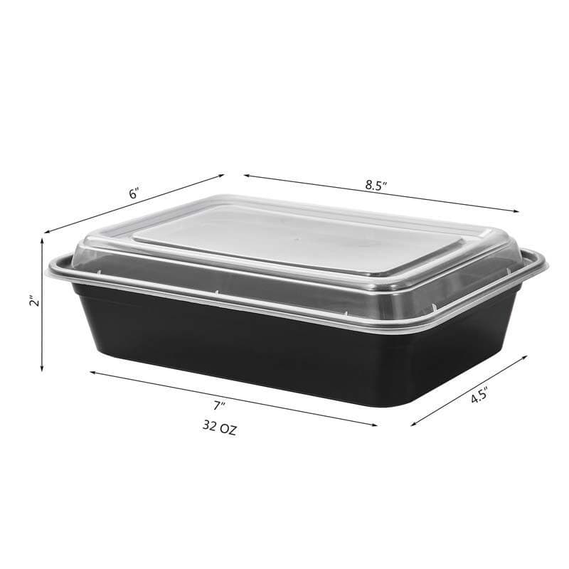 32oz Black Rectangular Heavy Weight Container with Lid - 150/Case