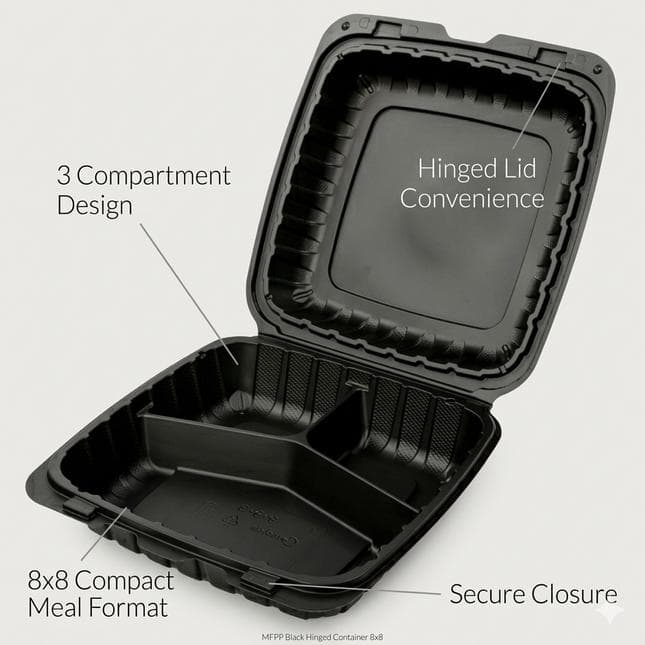 8" x 8" Microwaveable 3-Comp Black Plastic Hinged Container - 150 Units