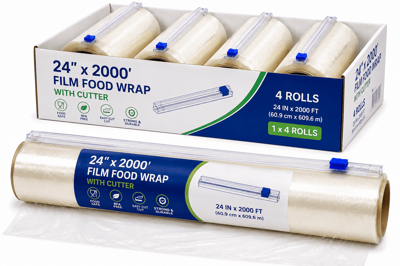 24"x2000 Film Food Wrap With Cutler - 1x4 Rolls