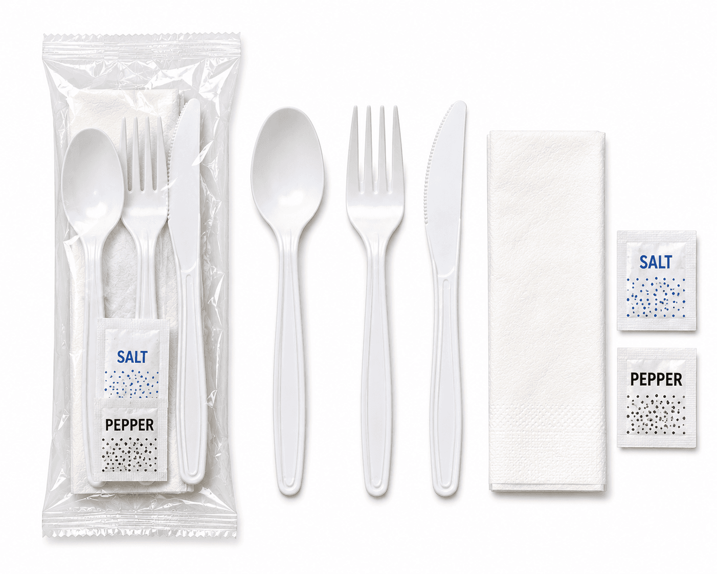 6 In 1 Heavy Duty Kit - Spoon,Fork,Knife,Napkin,Salt,Pepper - 250/Case