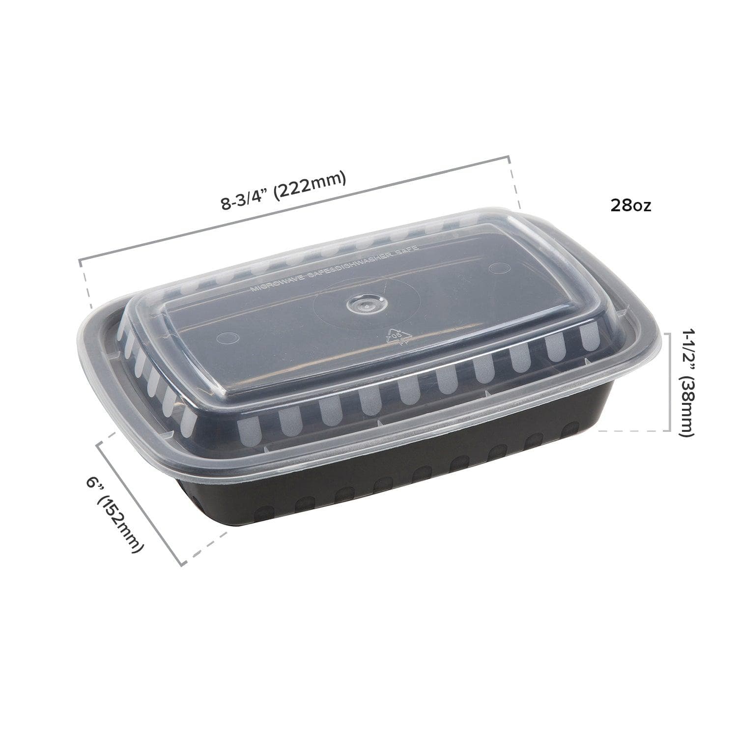 28oz Black Rectangular Heavy Weight Container with Lid - 150/Case